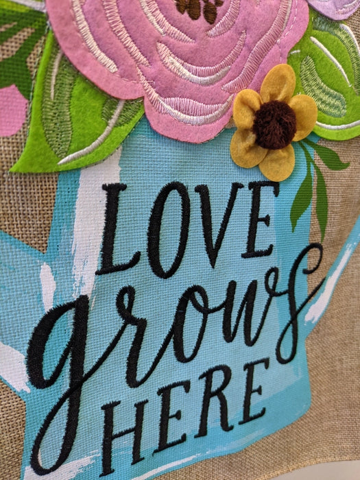 Love Grows Here Watering Can Burlap Garden Flag