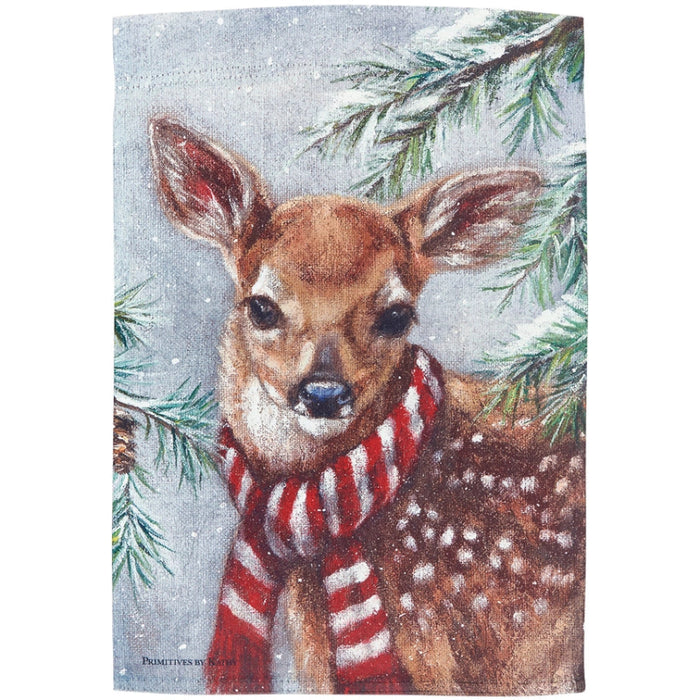 Garden flag with a deer wearing a red and white striped scarf against a snowy background with pine trees