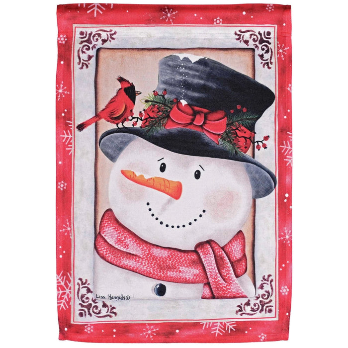 Decorative garden flag with a snowman, cardinal, and red border with snowflakes