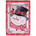 Decorative garden flag with a snowman, cardinal, and red border with snowflakes