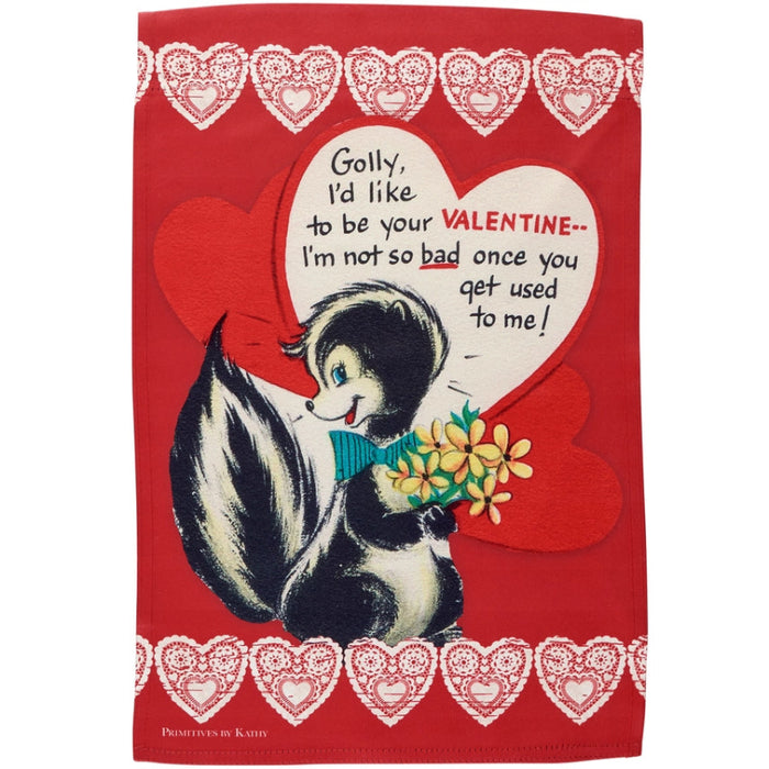 Valentine's Day-themed garden flag with cartoon skunk holding flowers and text on a red background with heart designs.