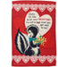 Valentine's Day-themed garden flag with cartoon skunk holding flowers and text on a red background with heart designs.
