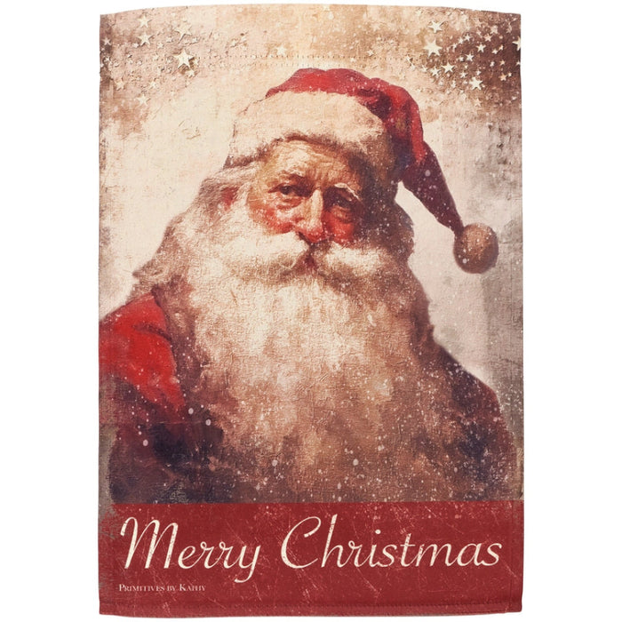 Garden flag with a vintage-style Santa Claus design and 'Merry Christmas' text.