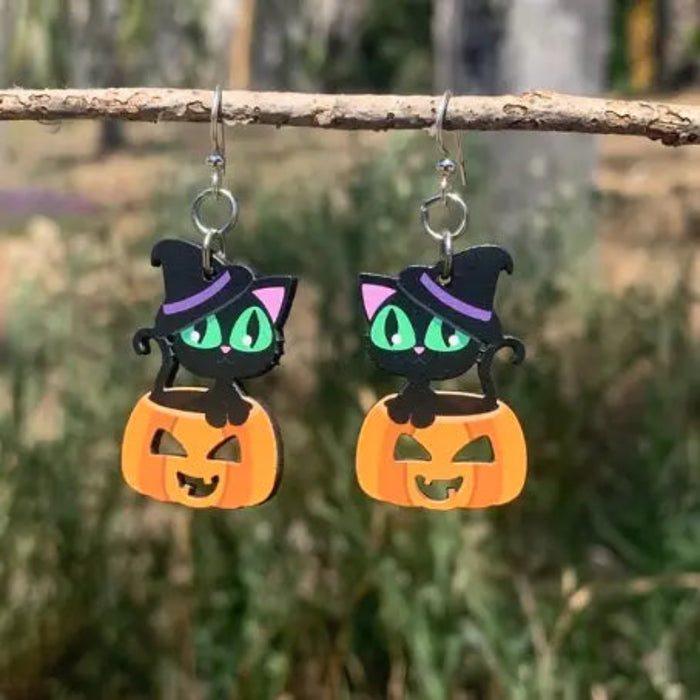 Cute Halloween Cat Wood Earrings