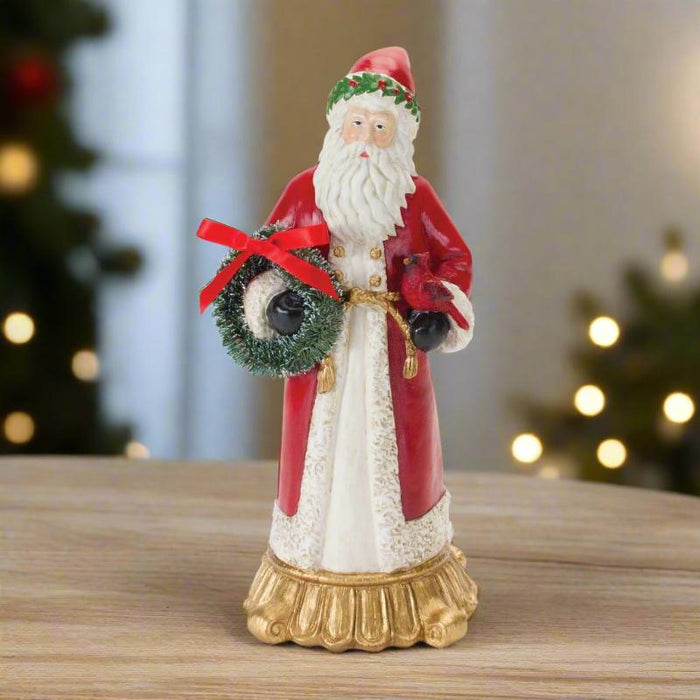 Santa with Cardinal & Wreath Figurine