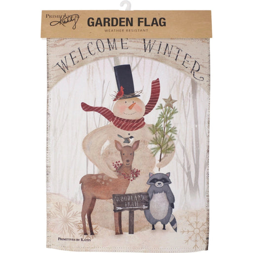Decorative garden flag with winter-themed design featuring a snowman, deer, and raccoon with 'Welcome Winter' text.