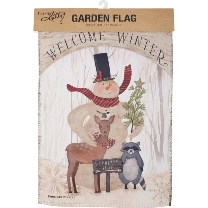 Decorative garden flag with winter-themed design featuring a snowman, deer, and raccoon with 'Welcome Winter' text.