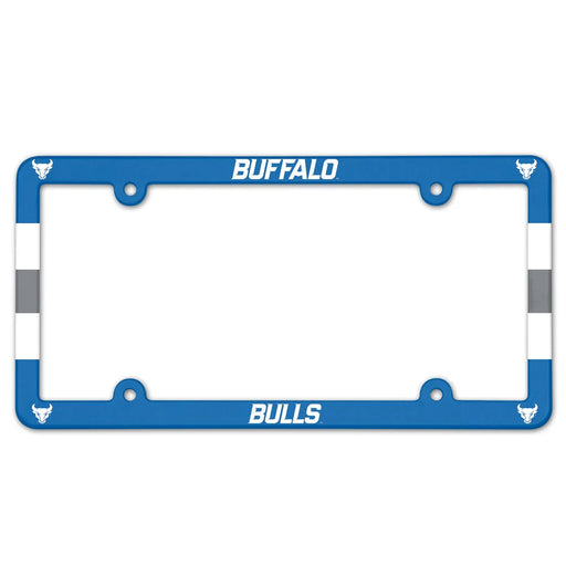 Blue license plate frame with 'Buffalo Bulls' text on a white background