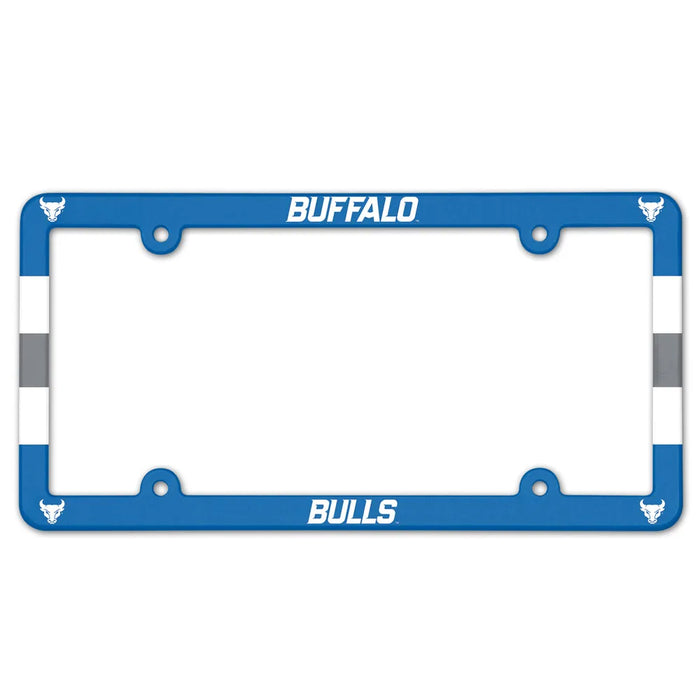 Blue license plate frame with 'Buffalo Bulls' text on a white background