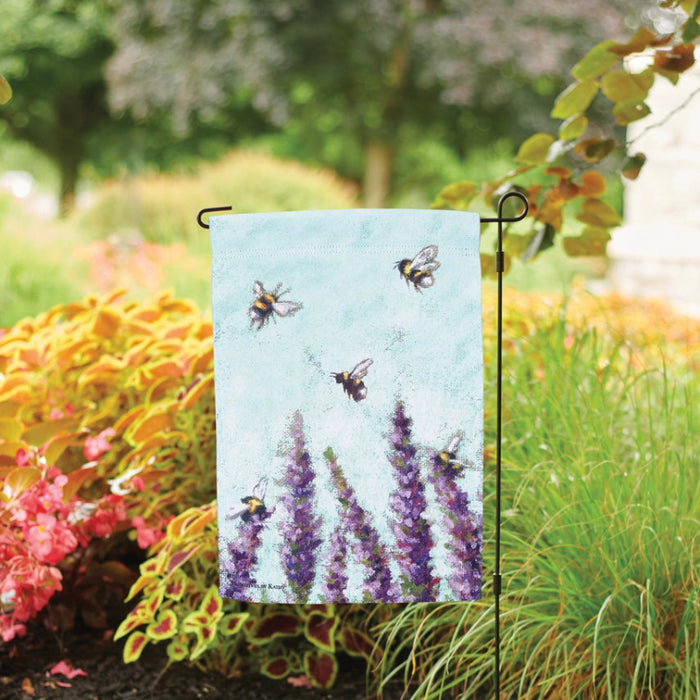 Decorative garden flag with bees and lavender on a light blue background