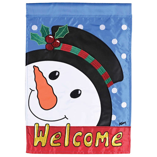 Decorative flag with a snowman design and 'Welcome' text on a blue background with white polka dots.