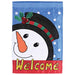 Decorative flag with a snowman design and 'Welcome' text on a blue background with white polka dots.