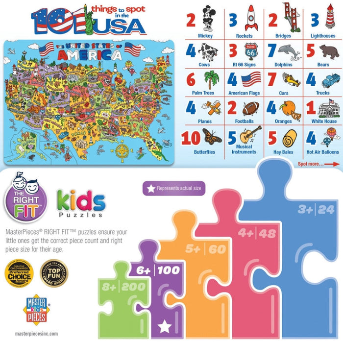 Jigsaw puzzle box featuring a colorful map of the USA with landmarks and text '101 things to spot in the USA'.