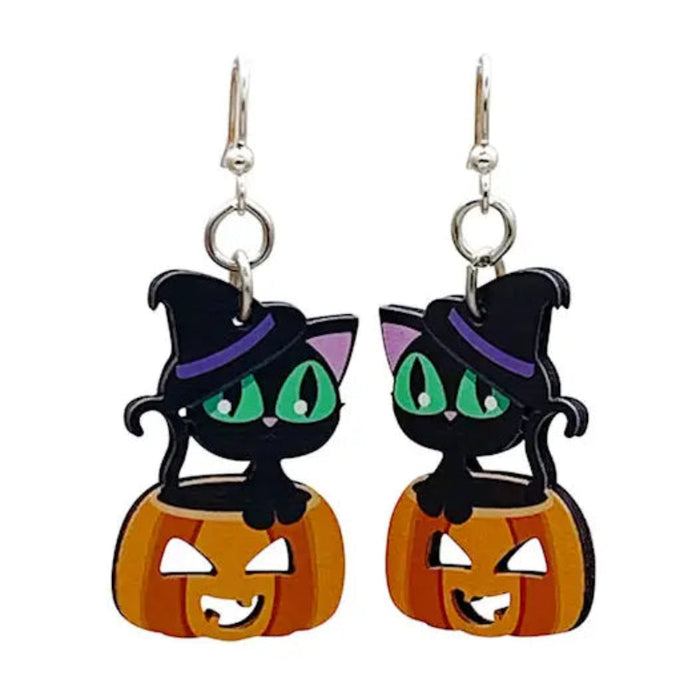 Cute Halloween Cat Wood Earrings