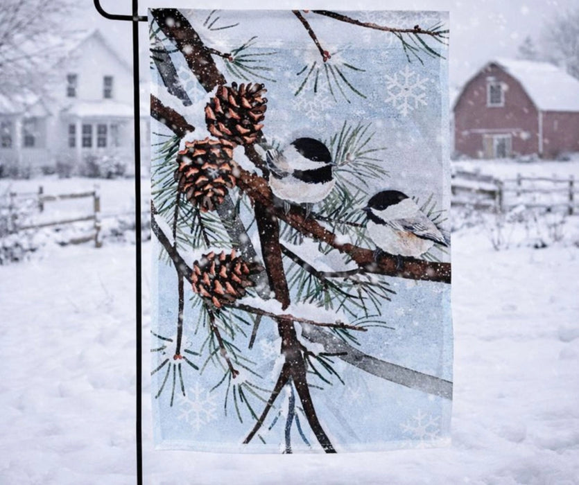 Blue Pines and Chickadees Garden Flag