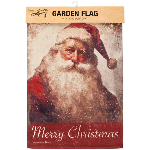 Garden flag with a vintage-style Santa Claus design and 'Merry Christmas' text.