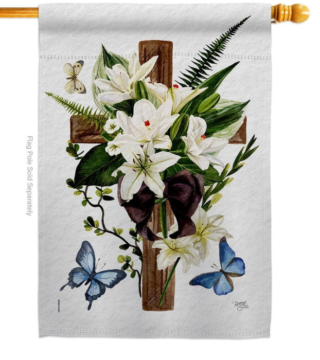 White Lilies Sympathy Cross Banner Flag