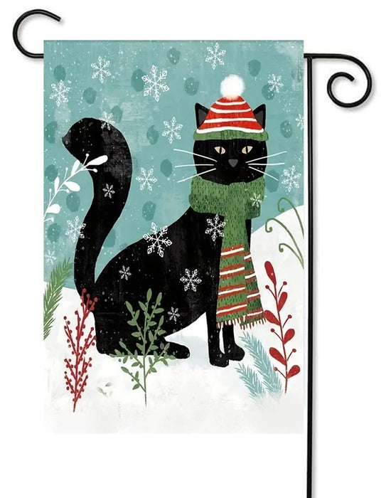 Black Cat in Snow w/ Hat and Scarf Garden Flag