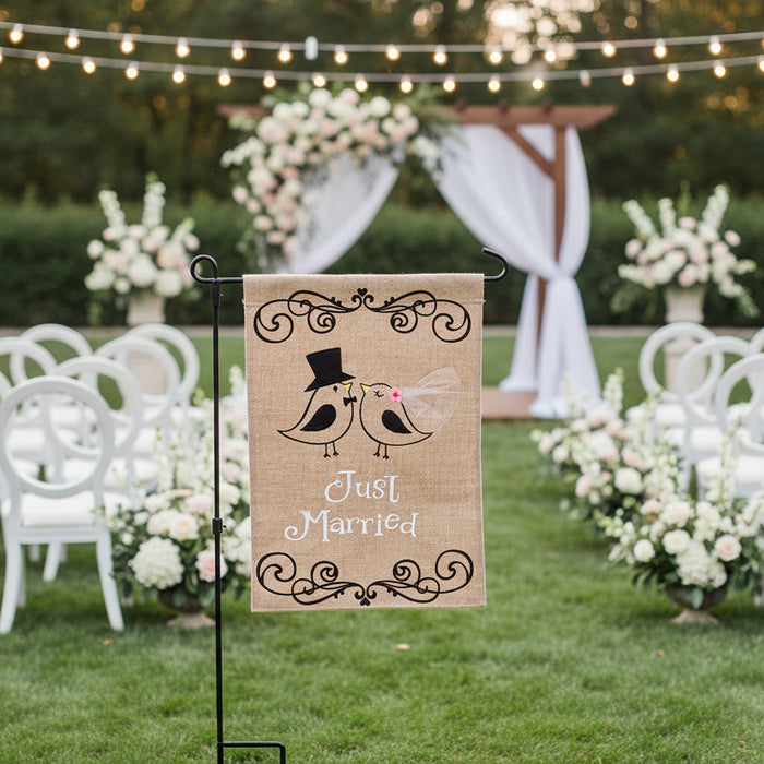 Just Married Bird Burlap Garden Flag