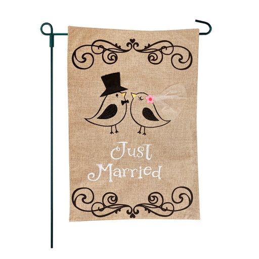 Just Married Bird Burlap Garden Flag