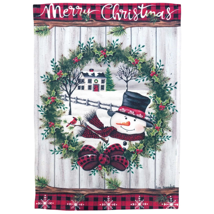 Plaid Christmas Snowman Wreath Garden Flag