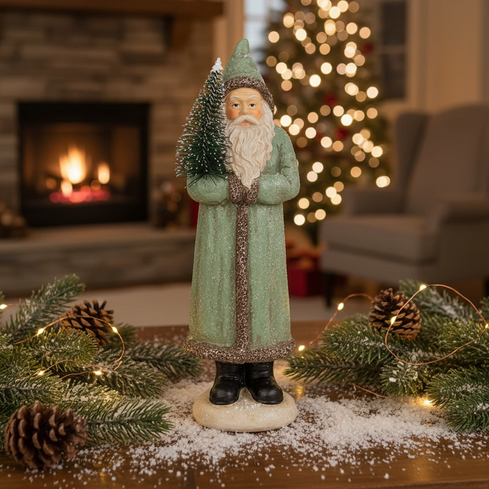 Tall Sage Green Hooded Santa Figurine