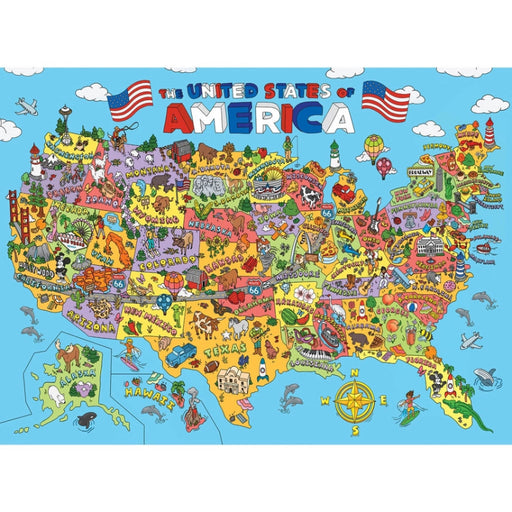 Colorful map puzzle of the United States with various symbols and landmarks.
