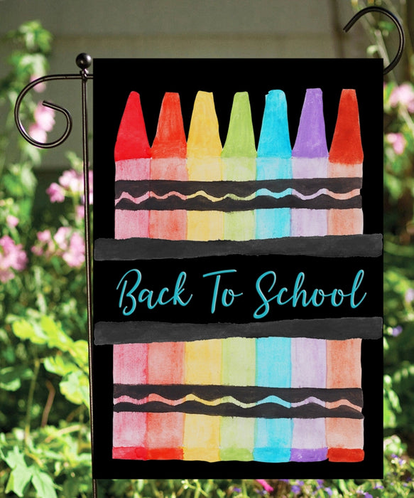 Decorative garden flag with colorful crayon design and 'Back To School' text