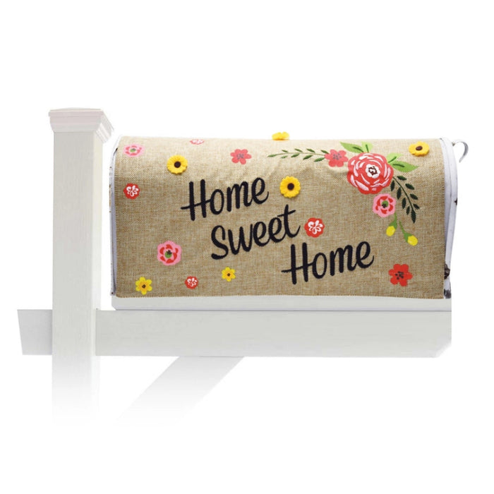 Mailbox cover with 'Home Sweet Home' text and floral designs on a white background