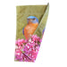 Garden flag with a bluebird and pink flowers on a green background
