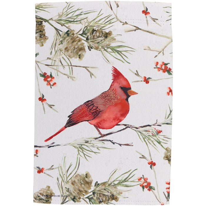 Garden flag with a red cardinal bird on a branch design, featuring winter elements like pinecones and berries.