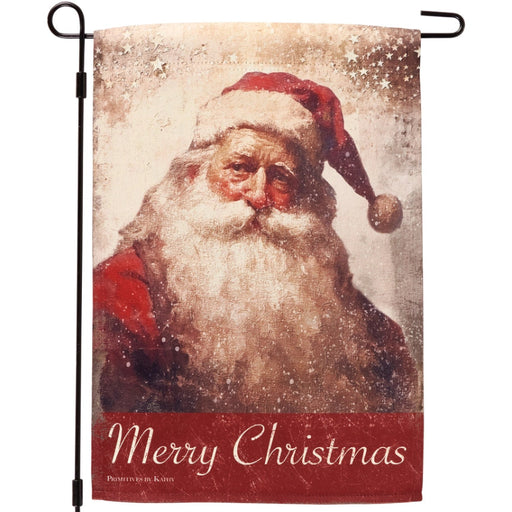Garden flag with a vintage-style Santa Claus design and 'Merry Christmas' text.
