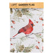 Garden flag with a red cardinal bird on a branch design, featuring winter elements like pinecones and berries.