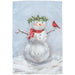 Decorative garden flag with a snowman wearing a red scarf and green wreath, and a cardinal bird on a snowy background.