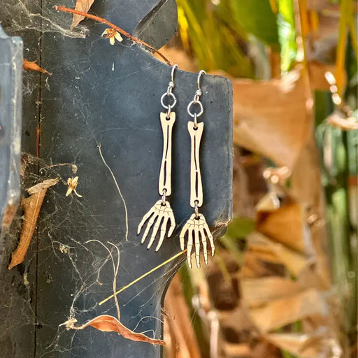 Skeleton Hand Dangle Wood Earrings