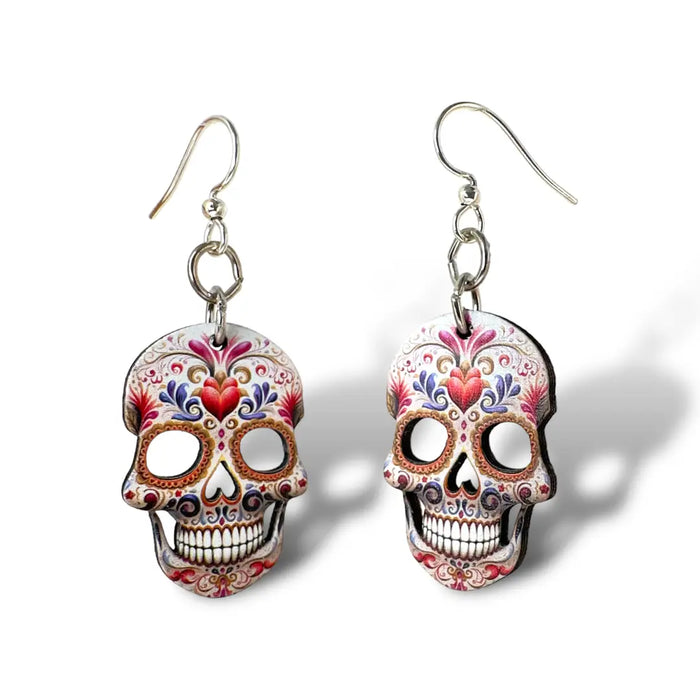 Sugar Skull Heart Wood Earrings