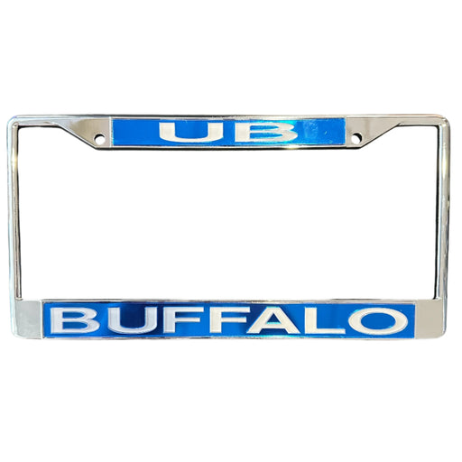 Metallic license plate frame with 'UB' and 'BUFFALO' text