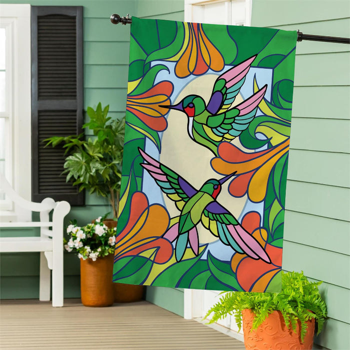 Stained Glass Hummingbirds Burlap Banner Flag