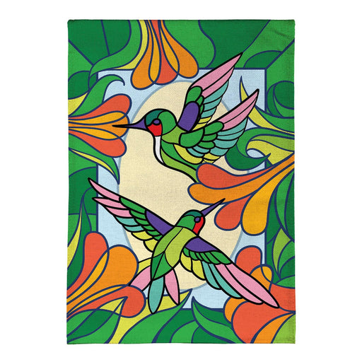 Stained Glass Hummingbirds Burlap Banner Flag