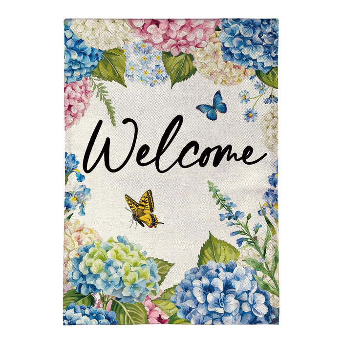 Hydrangea and Butterfly Burlap Garden Flag