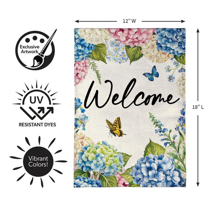Hydrangea and Butterfly Burlap Garden Flag