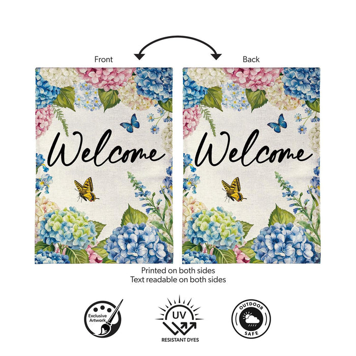 Hydrangea and Butterfly Burlap Garden Flag