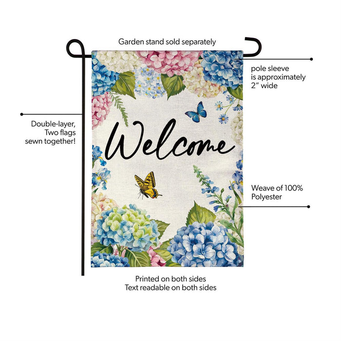 Hydrangea and Butterfly Burlap Garden Flag