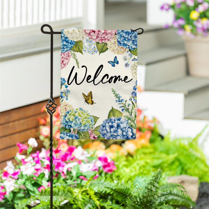 Hydrangea and Butterfly Burlap Garden Flag