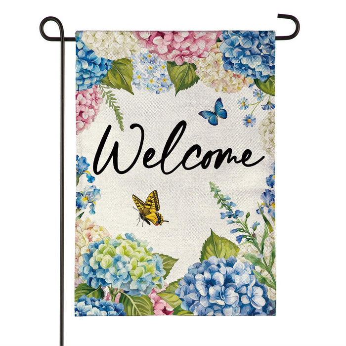 Hydrangea and Butterfly Burlap Garden Flag