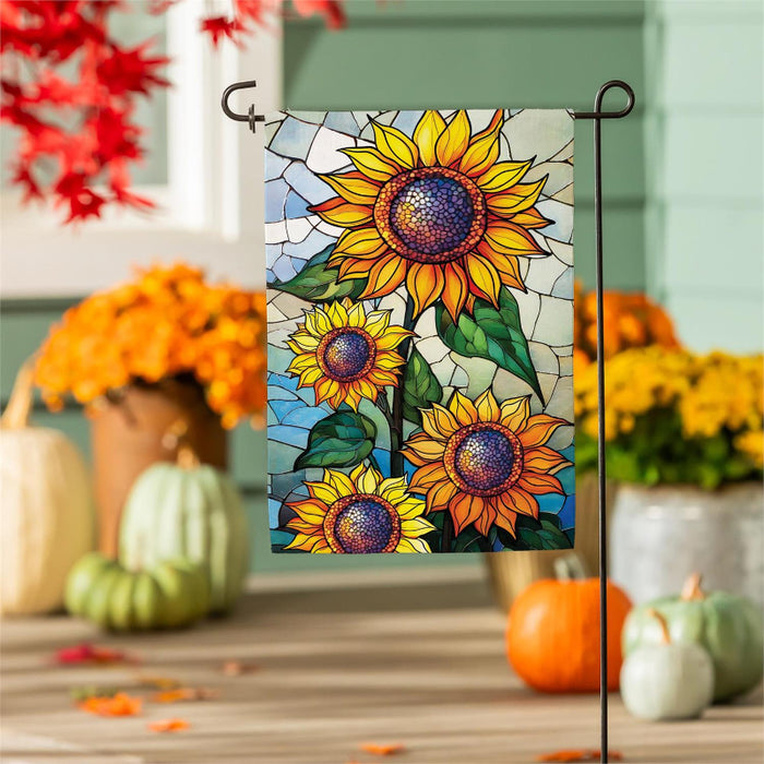 Stained Glass Sunflower Stalk Burlap Garden Flag