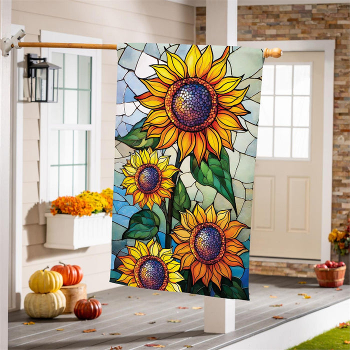 Stained Glass Sunflower Stalk Burlap Banner Flag