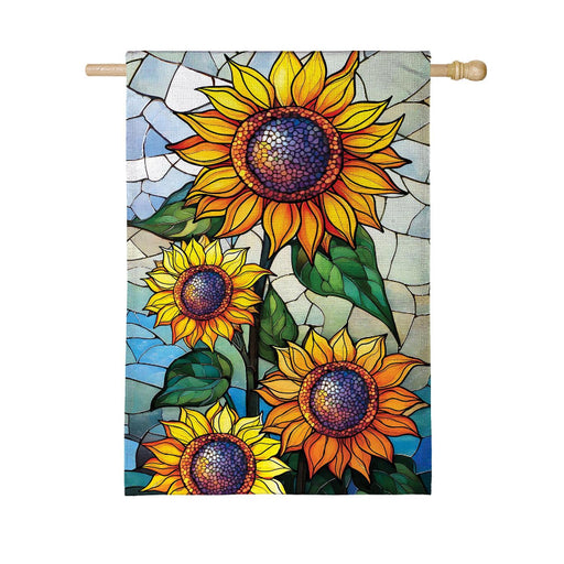 Stained Glass Sunflower Stalk Burlap Banner Flag