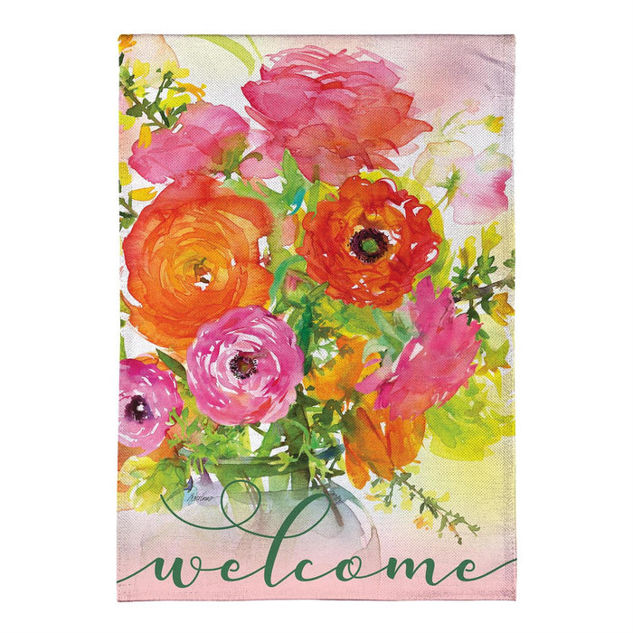 Ranunculus Welcome Burlap Garden Flag