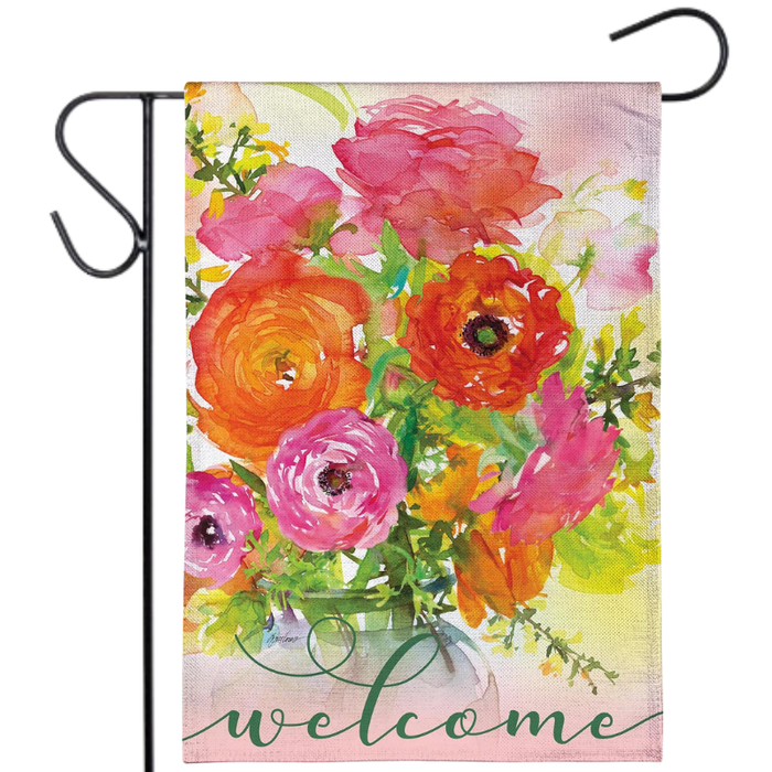 Ranunculus Welcome Burlap Garden Flag